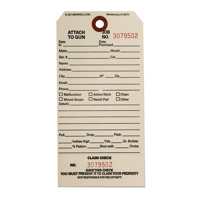 BROWNELLS SINGLE STUB CLAIM CHECKS CC-1 1000 PACK