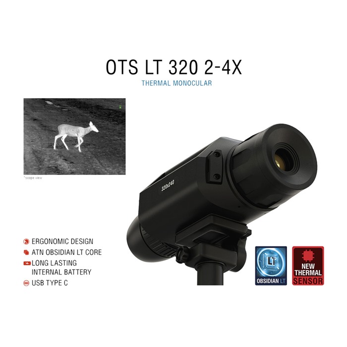 ATN OTS LT 320 Thermal Monocular, 2-4X Magnification, 320x240 Resolution, 12µm Pixel Pitch, 60Hz Refresh Rate, Black