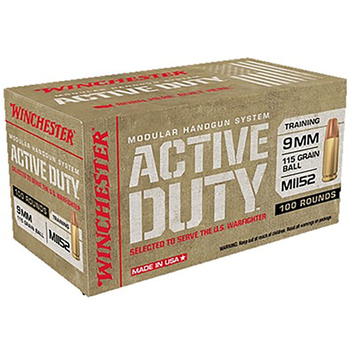 Winchester Ammo WIN9MHSC Active Duty Mil-Spec 9mm Luger 115 gr Full Metal Jacket Flat Nose (FMJFN) 100 Per Box