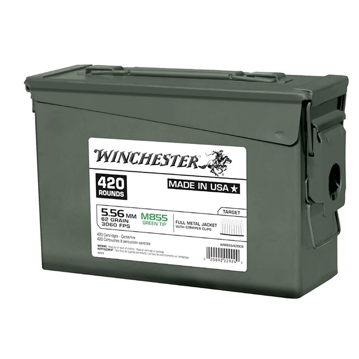 Winchester Ammo WM855420CS USA M855 Green Tip 5.56x45mm NATO 62 gr 3060 fps Full Metal Jacket (FMJ) 420 Bx/2 Cs (Ammo Can)