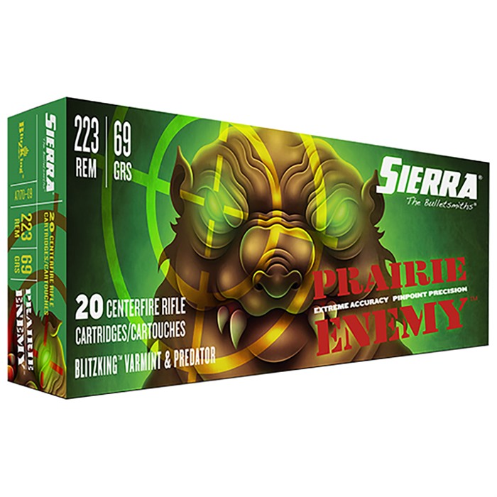 Sierra Prairie Enemy .223 Remington Ammo: 69gr BlitzKing, Nickel Plated Brass, 20 Rounds