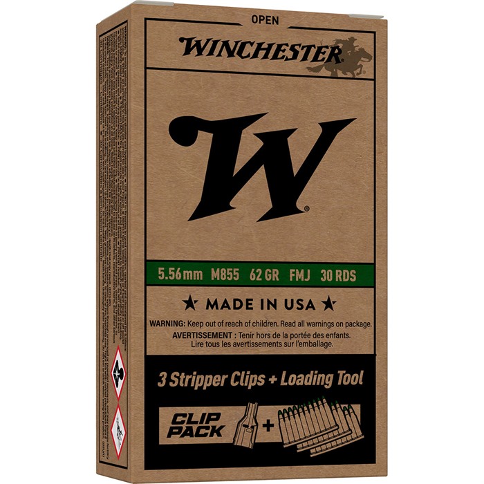 Winchester Ammo WM855CP USA M855 5.56x45mm NATO 62 gr 3060 fps Full Metal Jacket (FMJ) 30 Bx/20 Cs Includes Stripper Clips