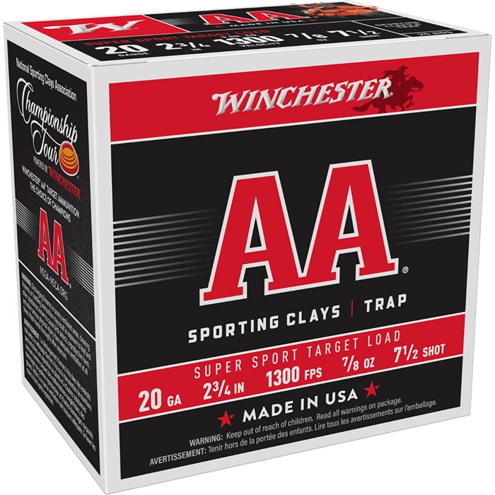 WINCHESTER AA SPORTING CLAYS 20 GAUGE 2-3/4" 7/8 OZ #7.5 SHOT 250/CASE