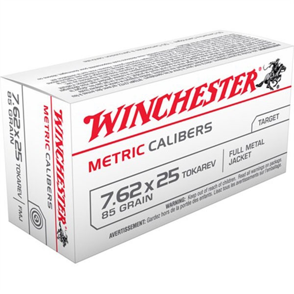 Winchester Ammo MC762TOK USA Metric 7.62x25mm Tokarev 85 gr Full Metal Jacket (FMJ) 50 Bx/30 Cs