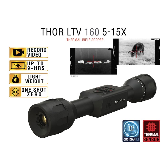 ATN Thor LTV Thermal Rifle Scope 5-15x19mm, 160x120 Resolution, 12um Pixel Pitch, 1280x720 Display, White/Black Hot Modes, 30mm Mount, Weather Resistant, 650g
